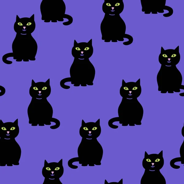 Vector Seamless Pattern Black Cats Violet Background — Stock Vector