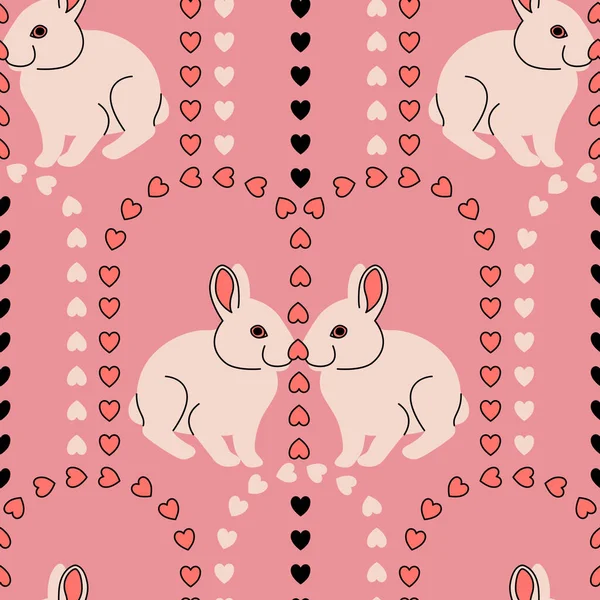 Vector Seamless Wallpaper Pattern Valentines Day Pair Rabbits Arches Hearts — Stock Vector