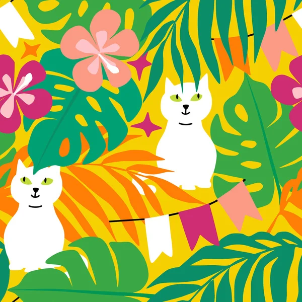 Vector Seamless Pattern White Cats Bright Foliage Rainforest Palm Leaves — Vetor de Stock