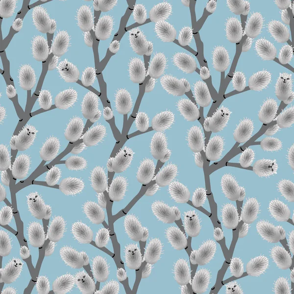 Vector Seamless Pattern Twigs Willow Some Inflorescences Cats — Stock vektor