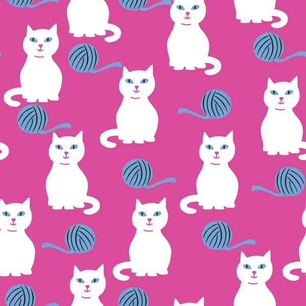 Vector Seamless Pattern White Cats Skeins — 스톡 벡터