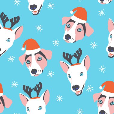 Vector seamless Christmas pattern with dogs in reindeer and Santa hats