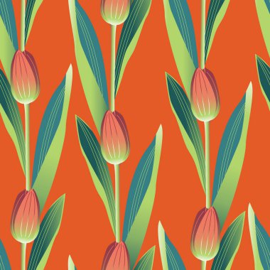 Vector seamless pattern with tulips on a bright orange background