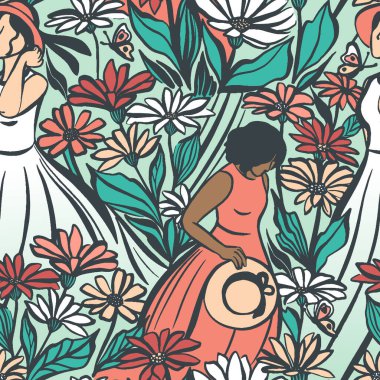 Vector seamless pattern with romantic girls walking in the flower garden
