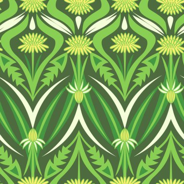 Vector seamless ornament with dandelions and grass leaves