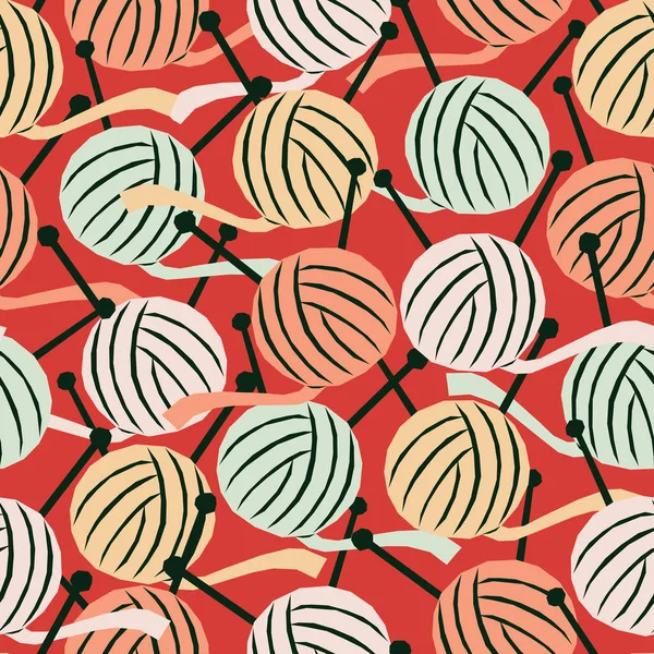 Vector Seamless Pattern Colorful Balls Yarn Knitting Needles — стоковый вектор