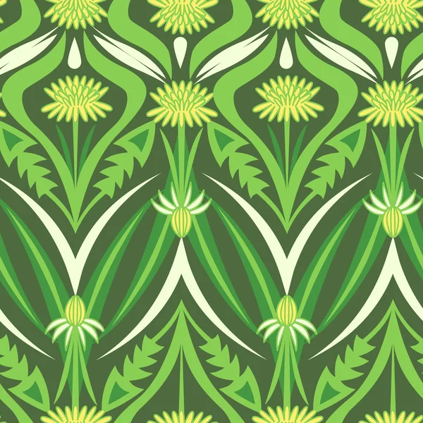 Vector Seamless Ornament Dandelions Grass Leaves — Image vectorielle