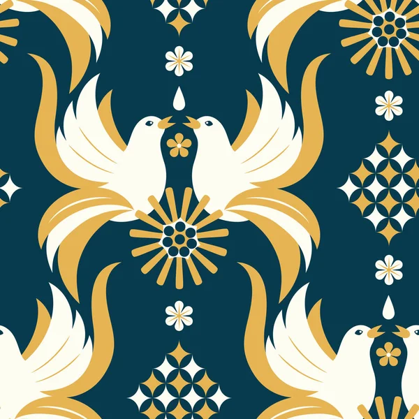 Vector Seamless Design Wallpaper Doves Geometrical Flowers Ornament — Archivo Imágenes Vectoriales