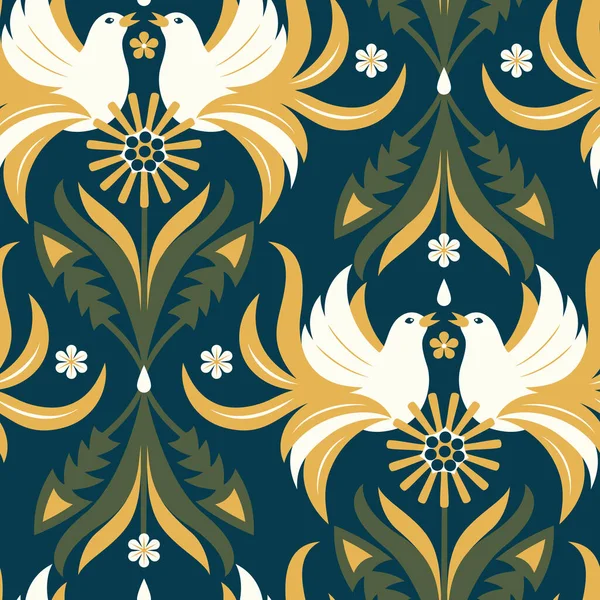 Vector Seamless Design Wallpaper Doves Dandelions Ornament — Stok Vektör