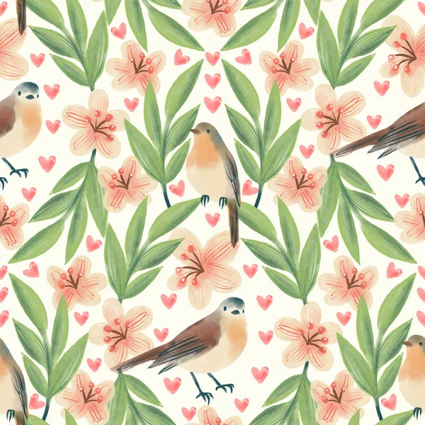Seamless Pattern Birds Spring Cherry Garden —  Fotos de Stock