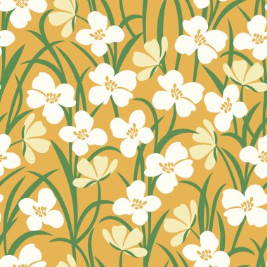 Seamless vector pattern with white wildflowers in the meadow.