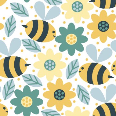 Seamless vector pattern with bees collecting honey in the meadow.