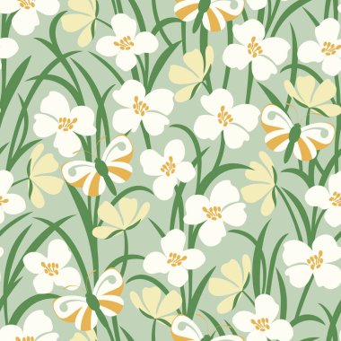 Vector seamless pattern with white wildflowers and butterflies in the meadow.