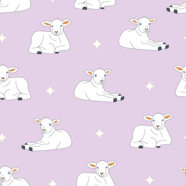 Vector Seamless Pattern Cute Lambs Pink Background — Stock Vector