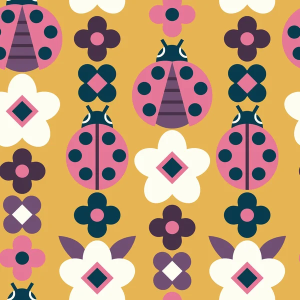Seamless Vector Pattern Geometric Flowers Ladybugs — Vector de stock