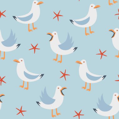 Vector seamless pattern with funny seagulls and starfishes.