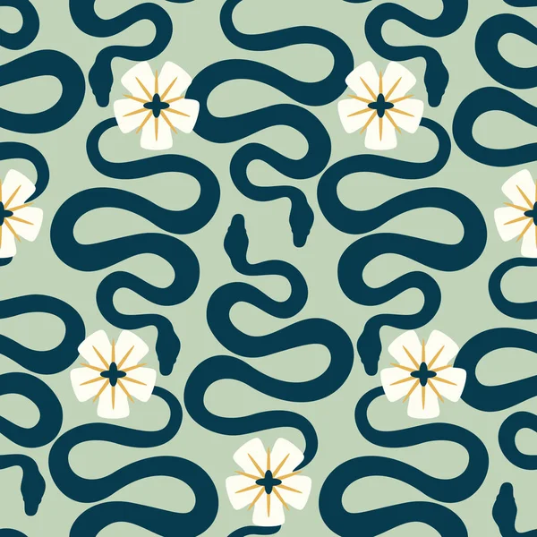 Vector Seamless Pattern Stylized Snakes Flowers — Stockvektor