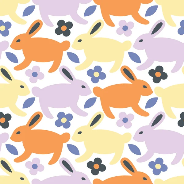 Vector Seamless Pattern Design Jumping Rabbits Flowery Meadow — Stock Vector