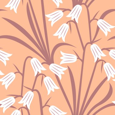 Şeftali arka planında biçimlendirilmiş beyaz zilleri olan kusursuz vektör deseni