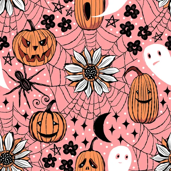 Cadılar Bayramı temasında vektörsüz desen kabaklarla örümcek ağları ve mevsimlik çiçeklerle