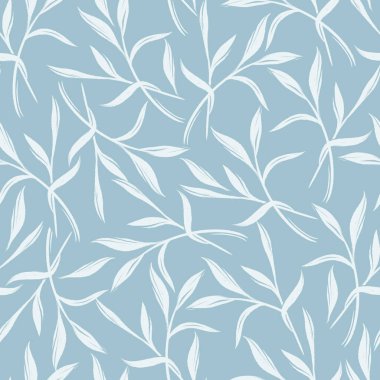 Mavi arka planda beyaz yapraklı pürüzsüz desen