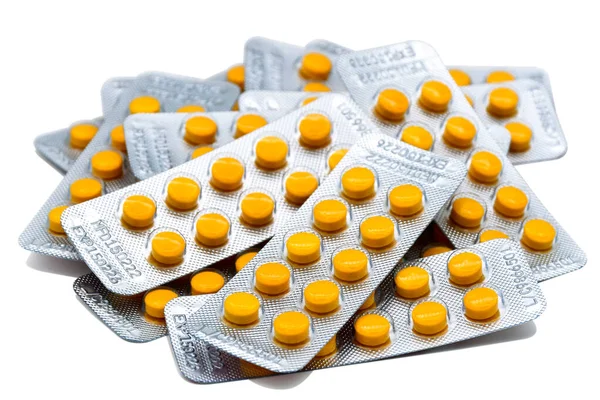 Montón Tiras Medicamentos Thablet Amarillos Con Fecha Fabricación Fecha Caducidad —  Fotos de Stock