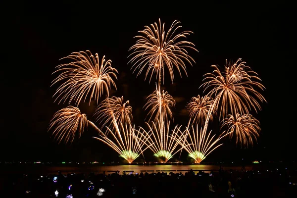 Havai fişek gösterisi kameralı ve akıllı telefonlu insanların neşeli anları..