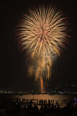 İnsanlarla dolu renkli havai fişekler ve deniz kenarındaki gece lambaları kutlamaları..