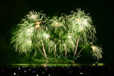 Renkli bir havai fişek kutlaması ve deniz kenarında gece lambaları. Pattaya, Tayland 'da uluslararası havai fişek festivali.