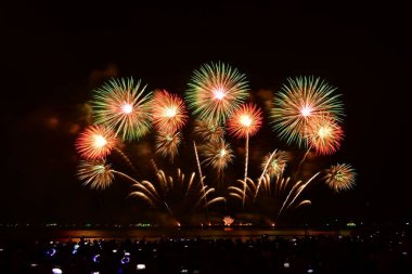 Renkli bir havai fişek kutlaması ve deniz kenarında gece lambaları. Pattaya, Tayland 'da uluslararası havai fişek festivali.