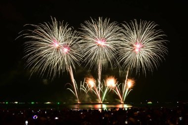 Renkli bir havai fişek kutlaması ve deniz kenarında gece lambaları. Pattaya, Tayland 'da uluslararası havai fişek festivali.