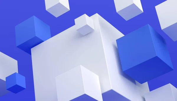 Abstract Render Geometrische Compositie Achtergrond Ontwerp Met Blauwe Witte Blokjes — Stockfoto