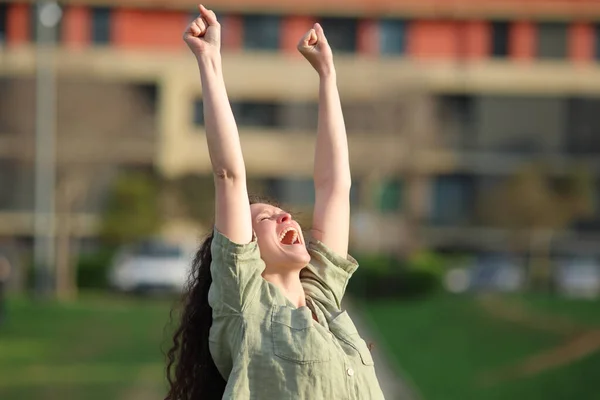 Ενθουσιασμένη Γυναίκα Γιορτάζει Την Επιτυχία Σηκώνοντας Χέρια Ένα Πάρκο Μια — Φωτογραφία Αρχείου
