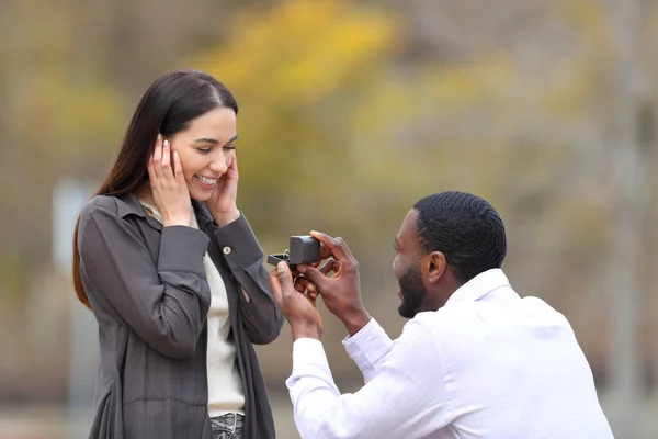 Propuesta Matrimonio Una Feliz Pareja Interracial Parque — Foto de Stock