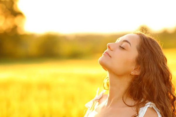 Entspannte Frau Atmet Bei Sonnenuntergang Frische Luft Ländlicher Umgebung — Stockfoto