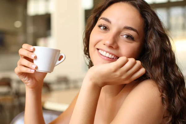 Happy Woman Holding Coffee Cup Looks You Sitting Bar — Stock Photo, Image