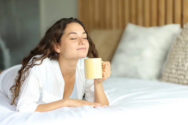 Happy Woman Lying Bed Enjoying Cup Coffee — Stock Photo, Image