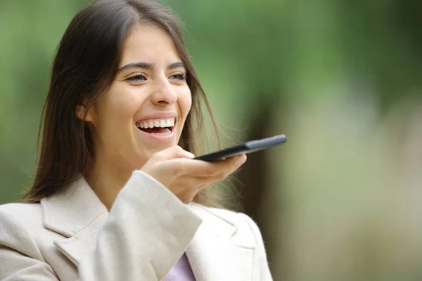 Happy Woman Using Voice Recognition Smart Phone Winter — Stok fotoğraf