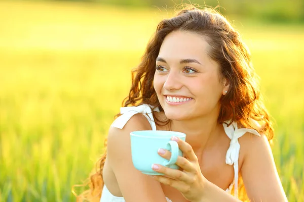 Gün Batımında Güzel Bir Tarlada Kahve Fincanı Tutan Mutlu Kadın — Stok fotoğraf