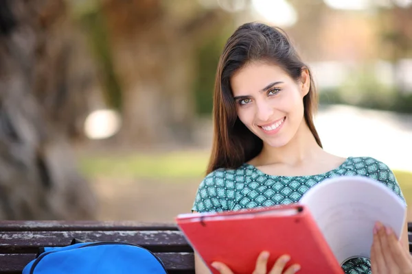 Szczęśliwy Student Trzyma Notatki Patrzy Aparat Siedzący Ławce Parku — Zdjęcie stockowe