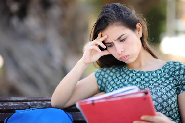 Frustrated Student Trying Learn Sititng Bench Park — Stock Photo, Image