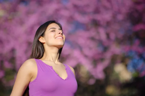 幸せな女性呼吸新鮮な空気スタンディングでA紫公園 — ストック写真