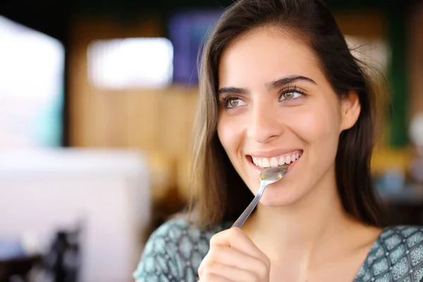 Happy Woman Spoon Mouth Looks Away Restaurant — Stock Photo, Image