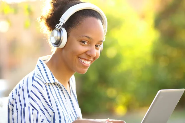 Szczęśliwa Czarna Kobieta Laptopem Słuchawką Patrząca Ciebie Parku — Zdjęcie stockowe