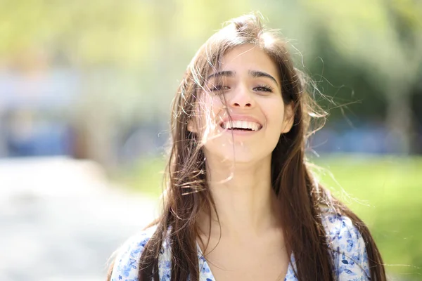 Retrato Una Mujer Feliz Riéndose Con Pelo Alborotado Día Ventoso —  Fotos de Stock