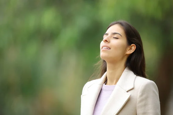 Happy Woman Breathing Fresh Air Winter Standing Park — Stock Photo, Image