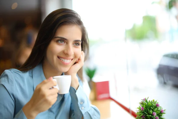 Happy Woman Drinking Coffee Bar Looking Away Window — Stock Photo, Image