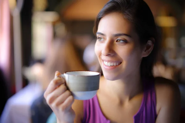 Happy Woman Enjoying Holding Coffee Cup Restaurant — Stock Photo, Image