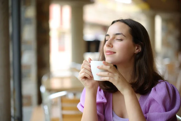Woman Relaxing Smelling Coffee Aroma Bar Terrace — Stock Photo, Image