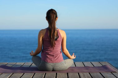 Sahilde yoga yapan bir yoginin arka plan portresi.